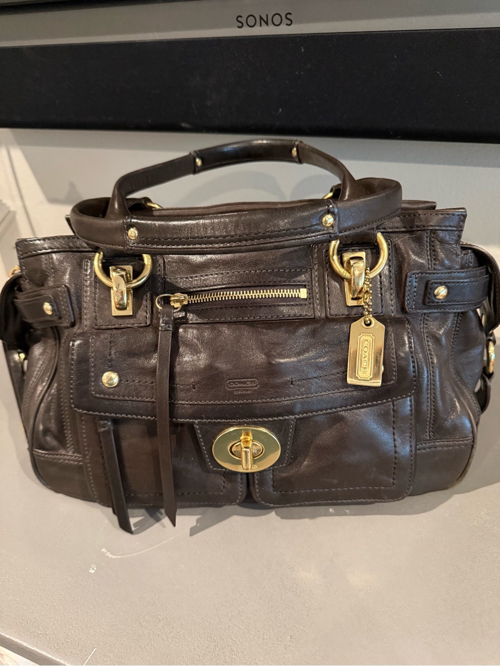 Coach Hamptons Lindsey Satchel Bag Black With Gold Brass Hardware And Hang Tag